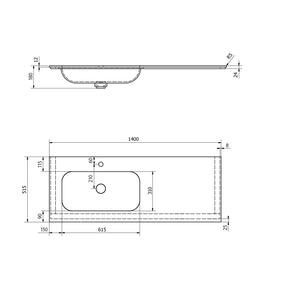 valamu ARUBA L, 140x51.5 cm, valge matt