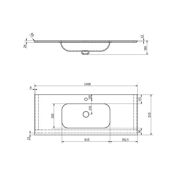 valamu ARUBA Double Central, 140x51.5 cm, valge matt