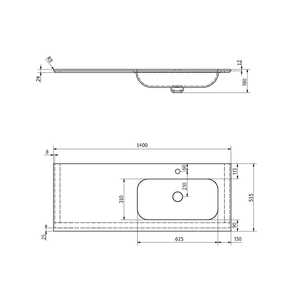 valamu ARUBA R, 140x51.5 cm, valge matt