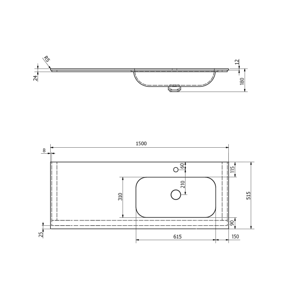 valamu ARUBA R, 150x51.5 cm, valge matt