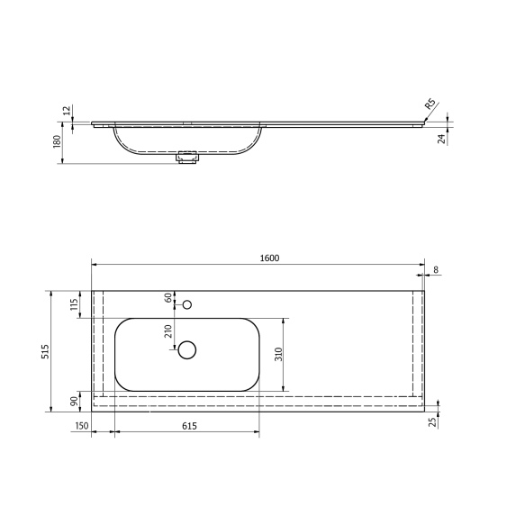 valamu ARUBA L, 160x51.5 cm, valge matt