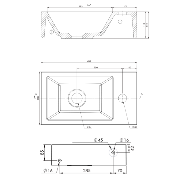 valamu AMAROK R, 40x22 cm, matt must