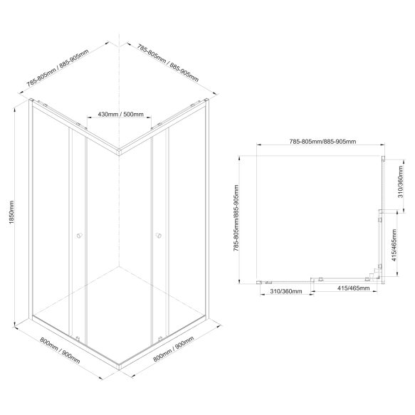 dušinurk Agga Black 900x900 mm, kirgas klaas