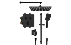 SMART SELECT Square concealed shower set with thermostatic mixer, 2 outlets, adjustable shower holder, black matt