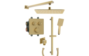 SMART SELECT Square concealed shower set with thermostatic mixer, 2 outlets, adjustable shower holder, gold matt